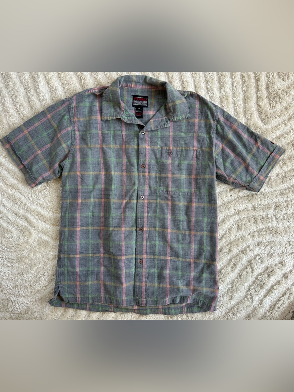 Vintage Fubu Gray Plaid Short-Sleeve Button-Up Shirt